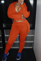 naranja casual sólido patchwork cremallera con capucha cuello manga larga dos piezas