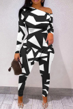 Black White Street Print Patchwork One Shoulder Long Sleeve Two Pieces