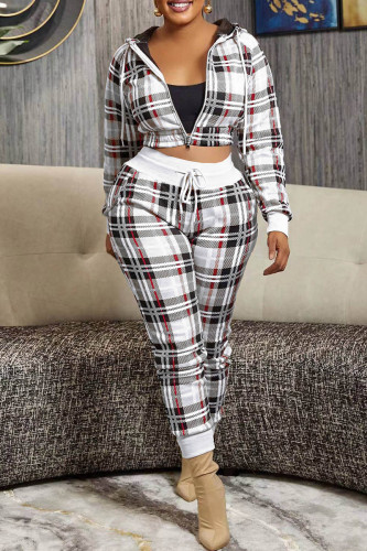 White Casual Plaid Print Patchwork Hooded Collar Long Sleeve Two Pieces