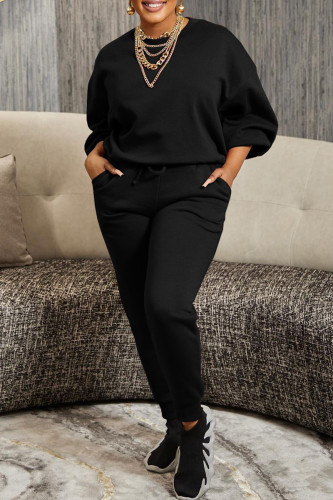 Black Casual Solid Patchwork Basic O Neck Long Sleeve Two Pieces
