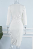 Blanco elegante sólido vendaje patchwork pliegue asimétrico cuello lápiz falda vestidos