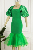 Vestidos de falda de lápiz de cuello cuadrado de patchwork sólido elegante verde