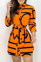 Orange Casual Print Patchwork Turndown Collar Shirt Dress Klänningar