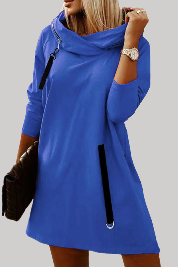 Синие повседневные однотонные лоскутные платья с капюшоном и воротником с длинным рукавом