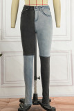 Black Casual Patchwork Contrast High Waist Regular Denim Jeans