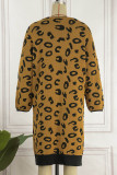 Brown Casual Print Leopard Patchwork Cardigan Collar Outerwear