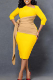 Yellow Elegant Print Bandage Patchwork Fold Asymmetrical Collar One Step Skirt Dresses