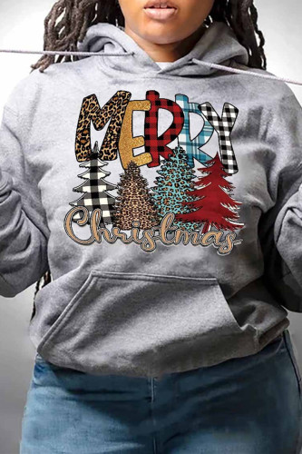 Grey Casual Letter Christmas Tree Printed Patchwork Basic Hooded Collar Tops
