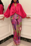 Rose Red Casual Print Patchwork Turndown Collar Long Sleeve Two Pieces