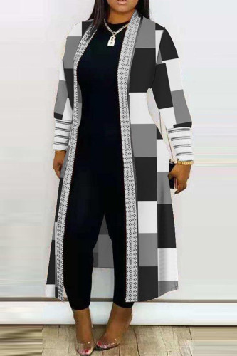 Vêtements d'extérieur à col cardigan imprimé patchwork décontracté noir et blanc