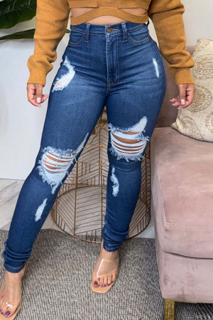 Deep Blue Casual Solid Patchwork High Waist Ripped Skinny Denim Jeans