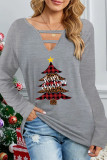 Black Casual Christmas Tree Printed Hollowed Out V Neck Tops