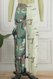 Pantalones casuales de camuflaje con estampado de patchwork regular de cintura alta verde