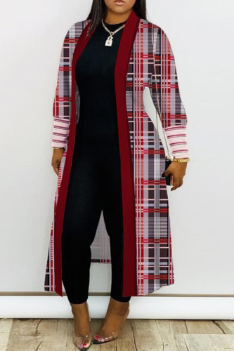 Prendas de abrigo de cuello de cárdigan de patchwork con estampado casual rojo