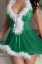 Зеленое сексуальное однотонное лоскутное белье с перьями на Рождество