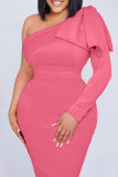 Pink Casual Solid Patchwork Oblique Collar Long Sleeve Dresses