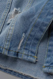 Giacca di jeans normale a maniche lunghe con colletto rovesciato casual blu casual strappata con rappezzatura