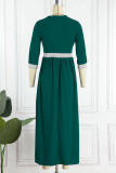 Patchwork solido casual verde con abiti lunghi con fiocco o scollo