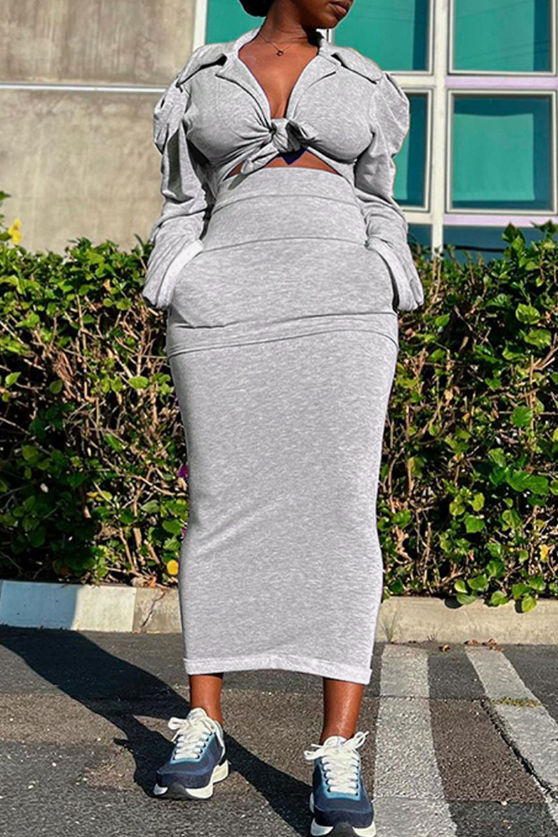 

Grey Sexy Casual Solid Bandage Turndown Collar Long Sleeve Two Pieces