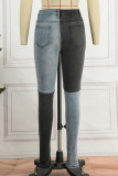 Jeans jeans regular preto casual patchwork contraste cintura alta