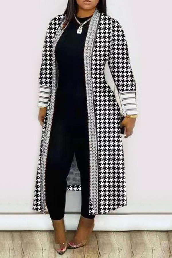 Prendas de abrigo de cuello de cárdigan de patchwork con estampado casual negro
