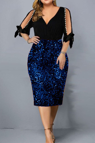 Blue Sexy Casual Patchwork Hollowed Out V Neck Pencil Skirt Dresses