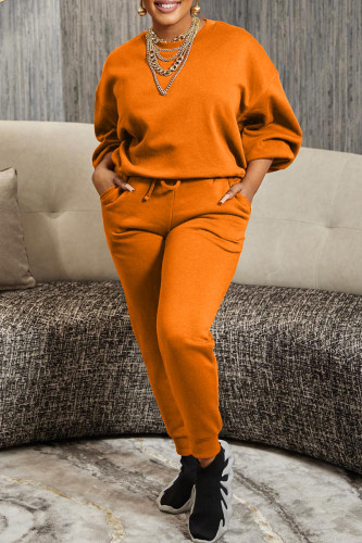 Orange Casual Solid Patchwork Basic O Neck Long Sleeve Two Pieces