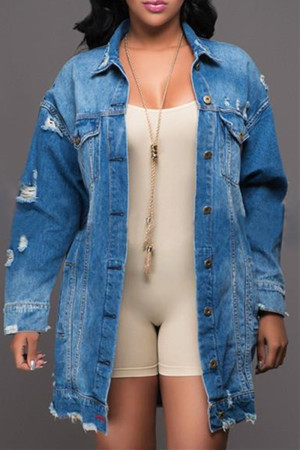 Blue Casual Solid Patchwork Turndown Collar Long Sleeve Regular Cardigan Distressed Ripped Denim Jacket