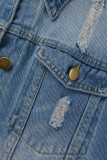 Jaqueta jeans azul escura casual sólida rasgada com retalhos de retalhos manga longa regular