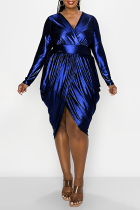 Blue Party Solid Fold Plus Size Dresses