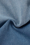 Chaqueta casual de mezclilla rasgada sólida cuello vuelto manga larga denim regular azul claro