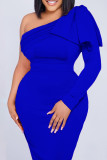 Blue Casual Solid Patchwork Oblique Collar Long Sleeve Dresses