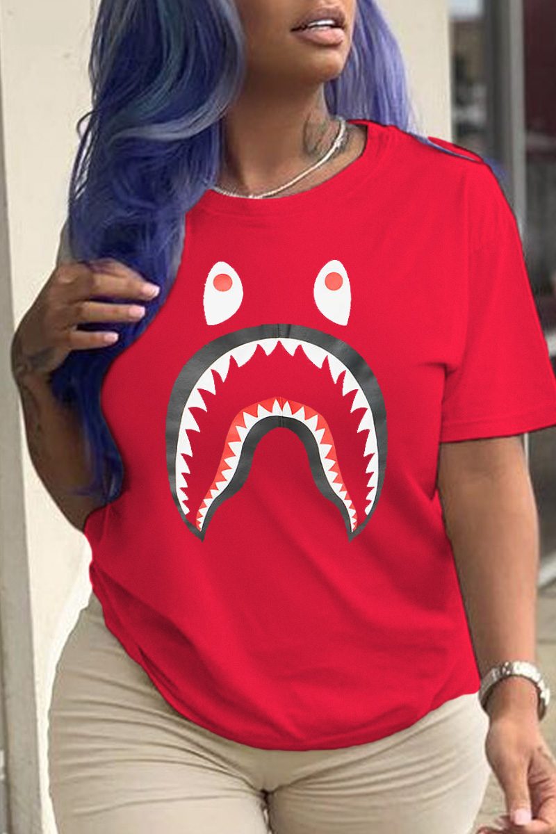 Red Casual Street Print Patchwork O Neck T-Shirts