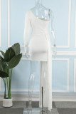 ホワイト セクシー ソリッド パッチワーク パッチ フォールド 非対称 斜め襟 ペンシル スカート ドレス