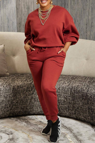 Burgundy Casual Solid Patchwork Basic O Neck Long Sleeve Two Pieces