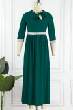 Зеленые повседневные однотонные пэчворк с бантом O-образным вырезом Длинное платье Платья