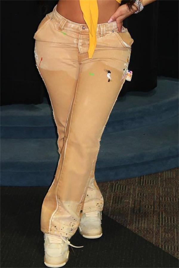 Повседневные джинсы цвета хаки с высокой талией в стиле пэчворк