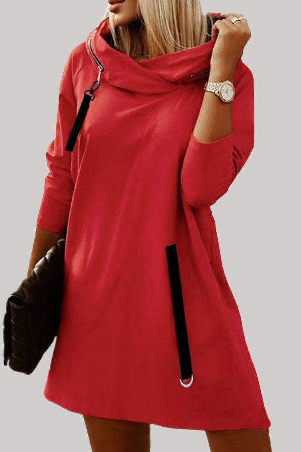 Красные повседневные однотонные лоскутные платья с капюшоном и воротником с длинным рукавом