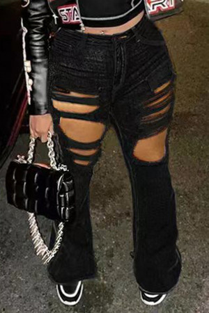 Black Casual Solid Patchwork Mid Waist Straight Ripped Denim Jeans