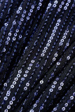 Marineblauwe elegante effen uitgeholde pailletten patchwork halve coltrui eenstaps rokjurken
