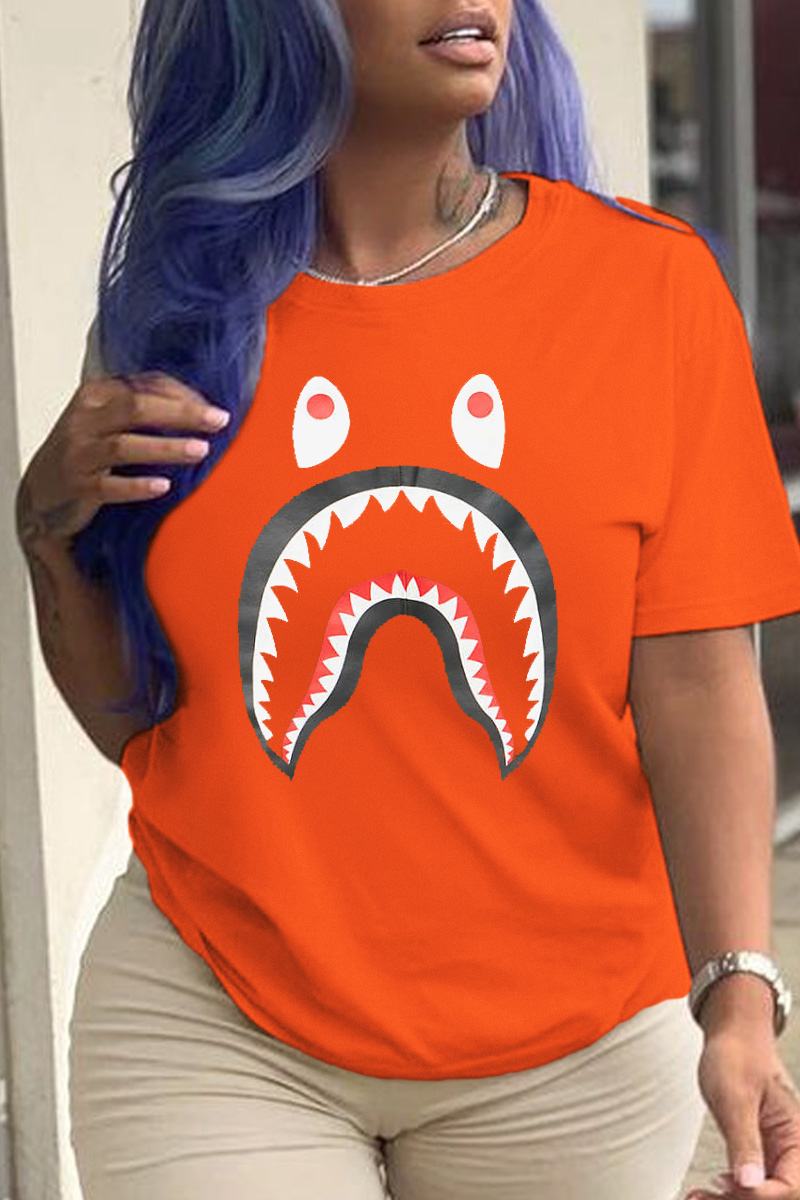 Orange Casual Street Print Patchwork O Neck T-Shirts