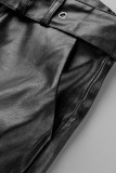 Patchwork uni décontracté noir avec ceinture taille haute crayon bas de couleur unie