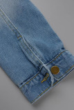 Jaqueta jeans azul escura casual sólida rasgada com retalhos de retalhos manga longa regular