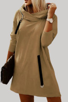 Vestidos de manga comprida caqui casual patchwork sólido com capuz