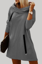 Vestidos de manga comprida cinza casual patchwork sólido com capuz