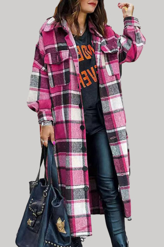 Rose Red Casual Plaid Patchwork Cardigan Turndown Collar Outerwear