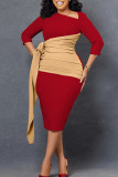 イエロー エレガント プリント バンデージ パッチワーク フォールド 非対称カラー ワンステップ スカート ドレス
