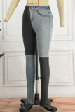 Jeans jeans regular preto casual patchwork contraste cintura alta