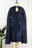 Navy Blue Elegant Solid Hollowed Out Sequins Patchwork Half A Turtleneck One Step Skirt Dresses