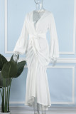 ホワイト カジュアル ソリッド パッチワーク スリット Vネック ロングスリーブ ドレス